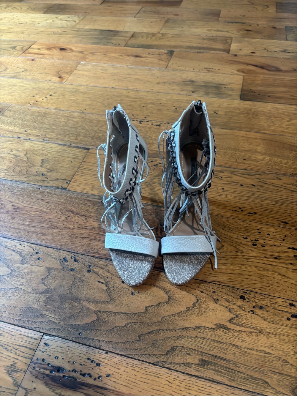Dumond Beatriz Fringe Boho Women's Zip-Up Heeled Sandals in Cream Size 7